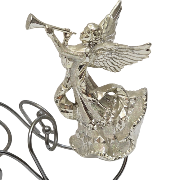 Vintage Angel Silver Tone Glitter Candle Holder Centerpiece Guardian Angel Horn - Picture 7 of 14